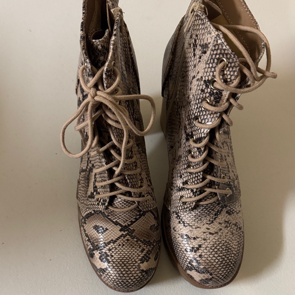 Soda Beige Snakeskin Lace-Up Boots